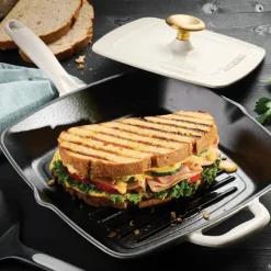 Bestow 11 Inch Enameled Cast-Iron Grill Pan with Press