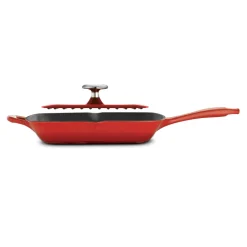 Bestow 11 in Enameled Cast-Iron Grill Pan with Press - Gradated Red