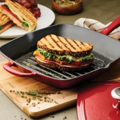 Bestow 11 in Enameled Cast-Iron Grill Pan with Press - Gradated Red