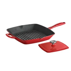 Bestow 11 in Enameled Cast-Iron Grill Pan with Press - Gradated Red