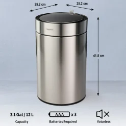 3.17 Gallon Stainless Steel Round Sensor Bin with SS Capped Lid
