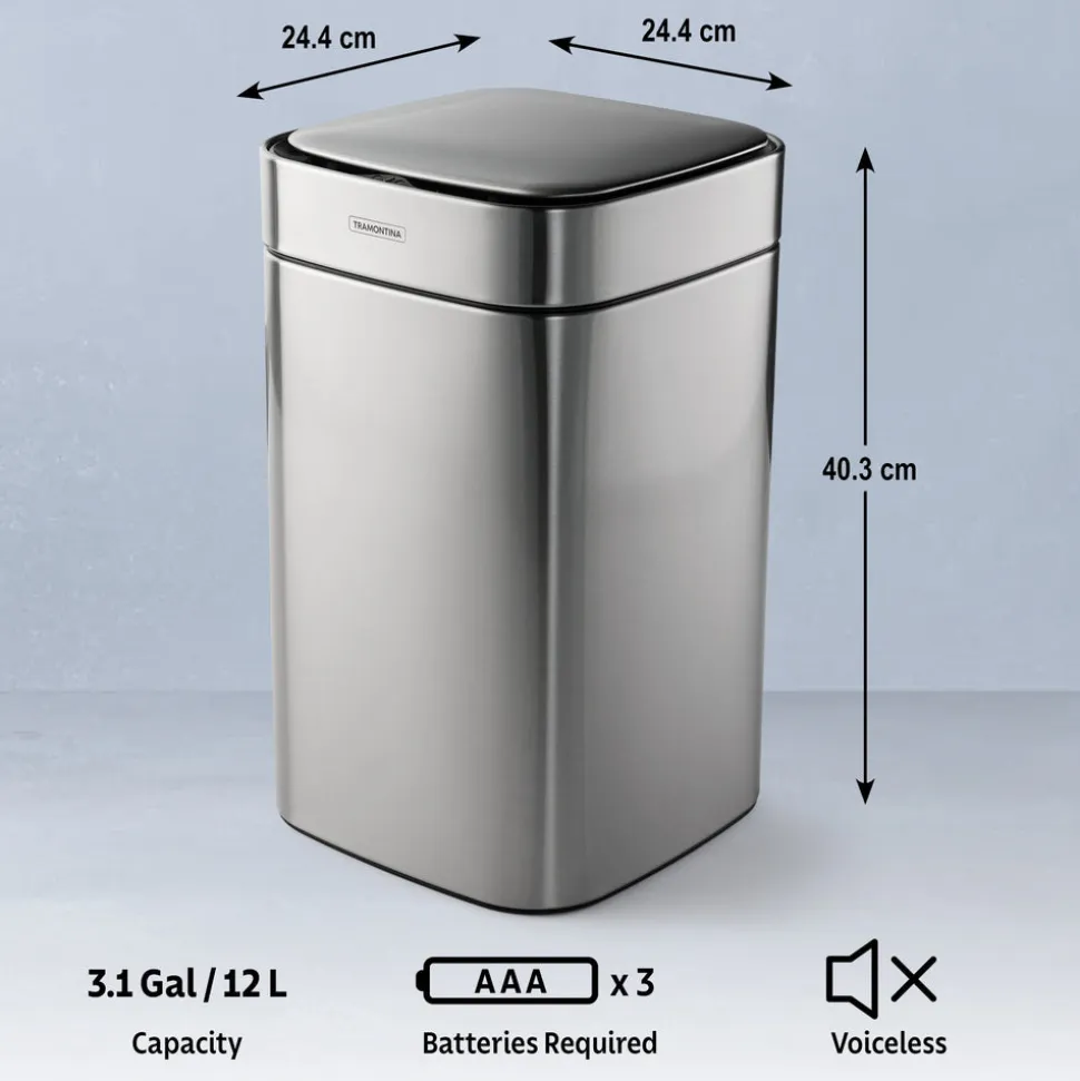 3.17 Gallon Stainless Steel Square Sensor Bin with SS Capped Lid
