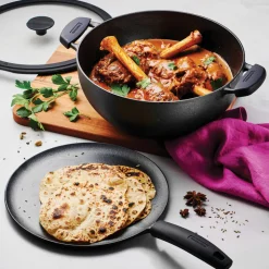 3 Piece Cast Iron 7 Quart Deep Kadai & Flat Tawa Cookware Set