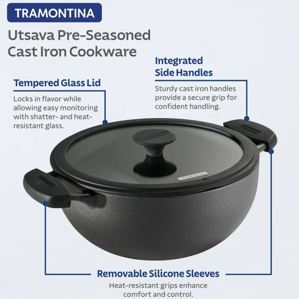 3 Piece Cast Iron 7 Quart Deep Kadai & Flat Tawa Cookware Set