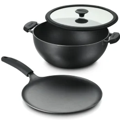 3 Piece Cast Iron 7 Quart Deep Kadai & Flat Tawa Cookware Set