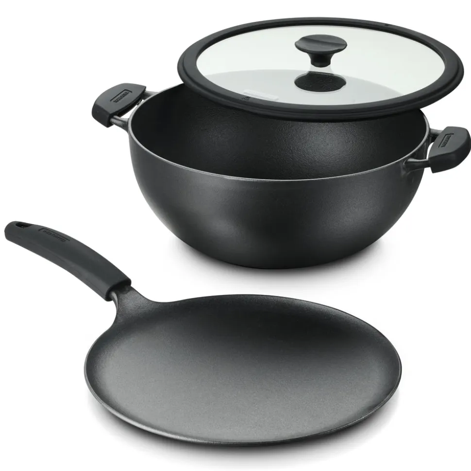 3 Piece Cast Iron 7 Quart Deep Kadai & Flat Tawa Cookware Set
