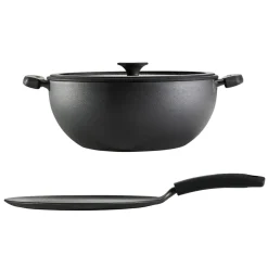 3 Piece Cast Iron 7 Quart Deep Kadai & Flat Tawa Cookware Set