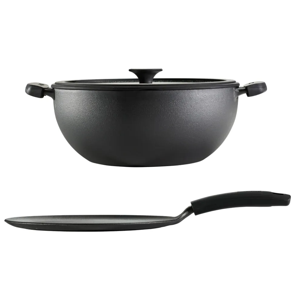3 Piece Cast Iron 7 Quart Deep Kadai & Flat Tawa Cookware Set