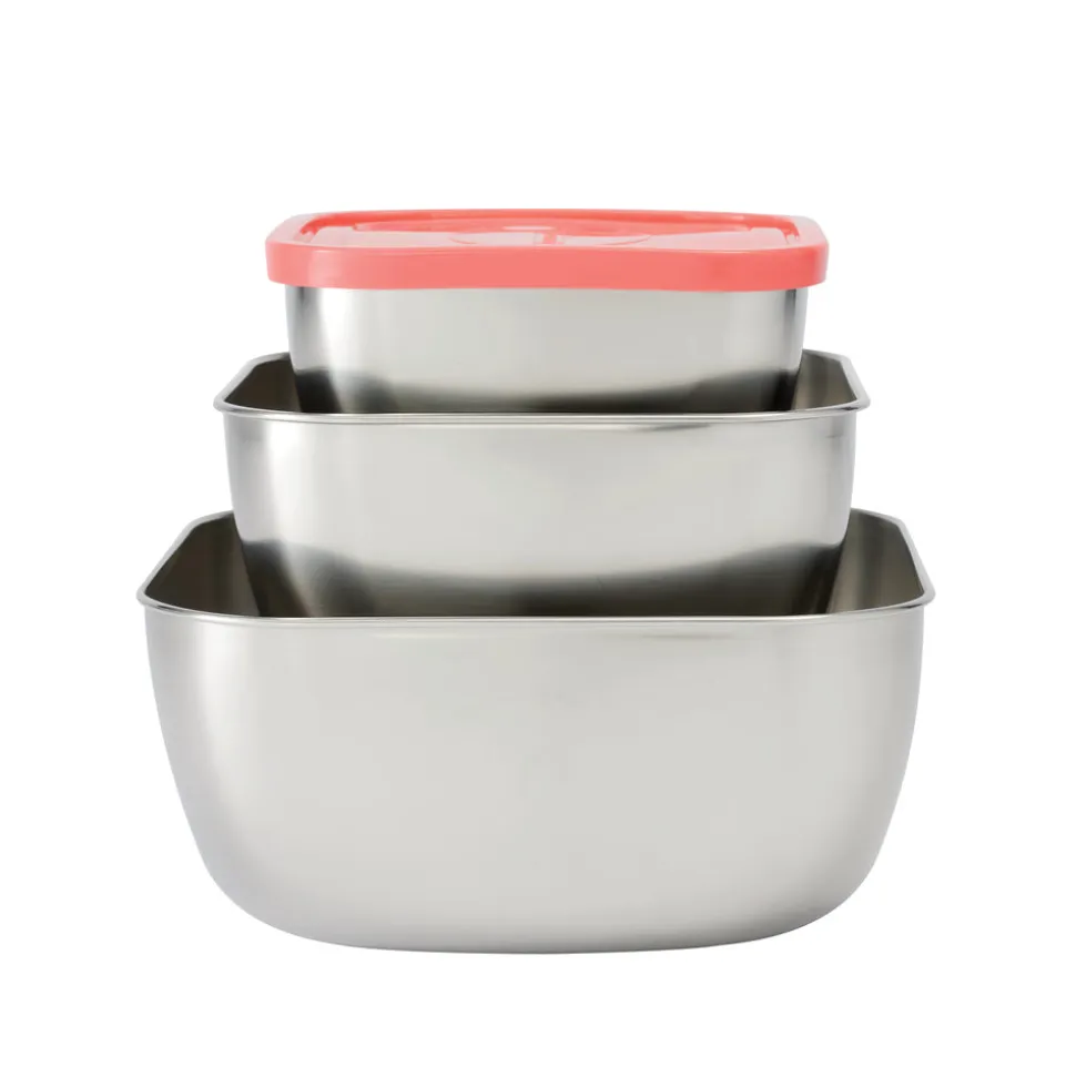 6 Piece Stainless Steel Covered Square Container Set - Multi Color Lids