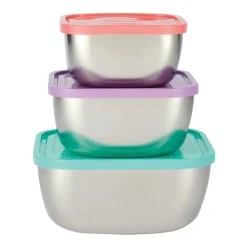6 Piece Stainless Steel Covered Square Container Set - Multi Color Lids