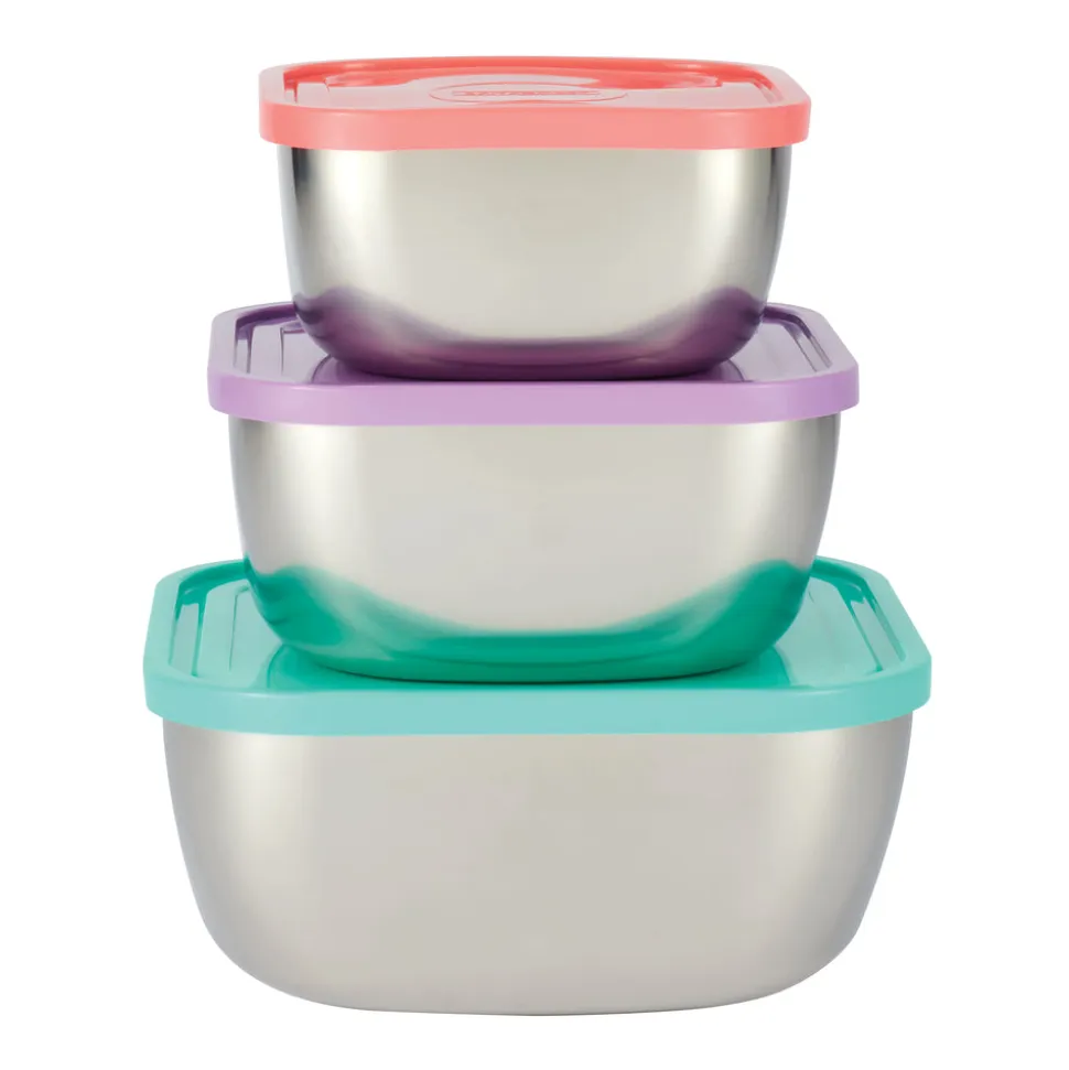 6 Piece Stainless Steel Covered Square Container Set - Multi Color Lids