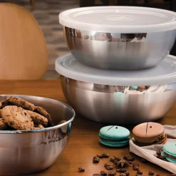 6 Piece Stainless Steel Covered Round Container Set - Frosted Lids