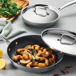 4 Piece Stainless Steel Fry Pan Set with Ceramic Nonstick Interior and Lids