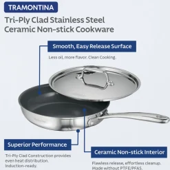 4 Piece Stainless Steel Fry Pan Set with Ceramic Nonstick Interior and Lids