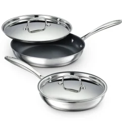 4 Piece Stainless Steel Fry Pan Set with Ceramic Nonstick Interior and Lids