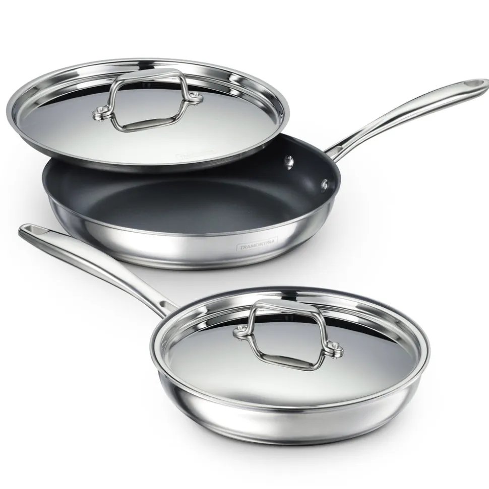4 Piece Stainless Steel Fry Pan Set with Ceramic Nonstick Interior and Lids