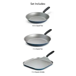 Primaware 3 Piece Nonstick Sauté Pan and Griddle Set, 9.5 and 11 Inch Sauté Pans, and 11 Inch Griddle
