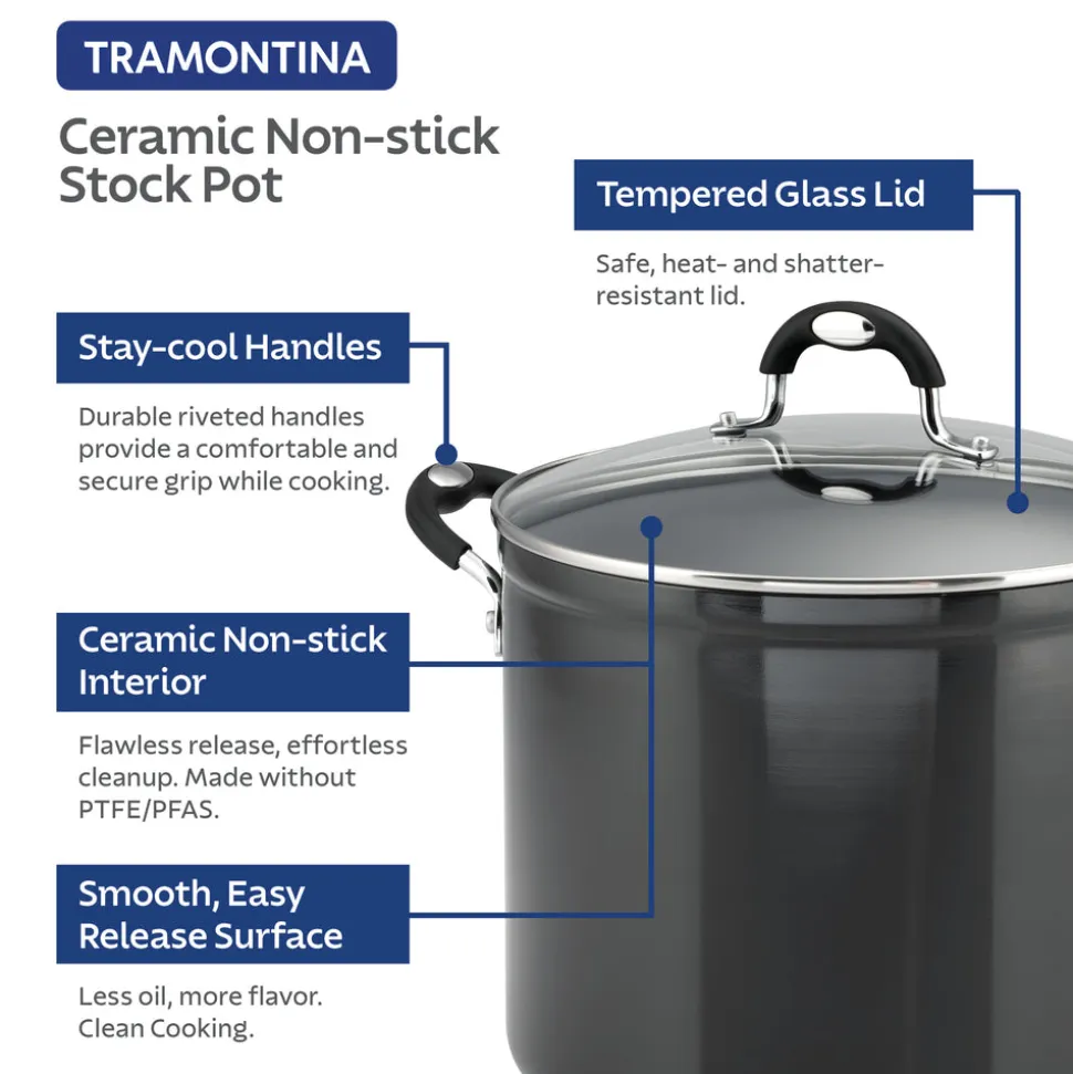 8 Quart Ceramic Nonstick Covered Stock Pot, Charcoal Gray