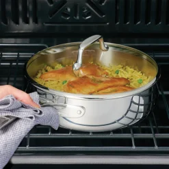 6 Quart Tri-Ply Clad Stainless Steel Covered Deep Saute Pan - Glass Lids