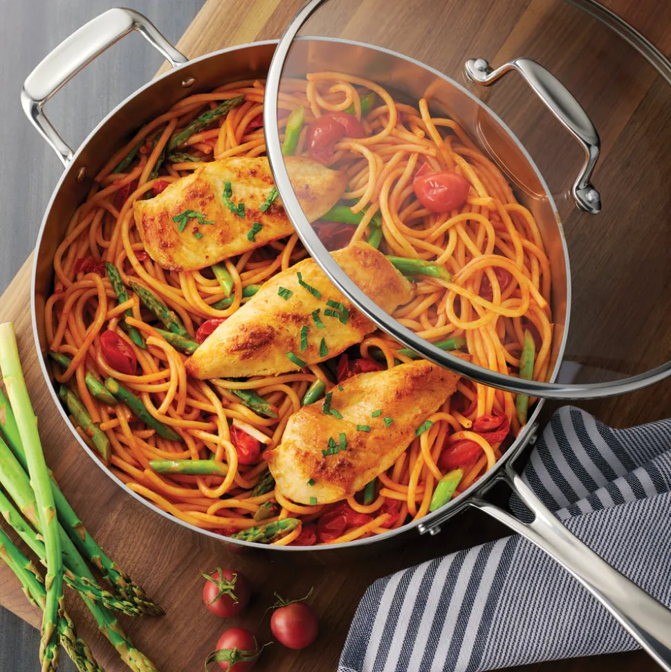 6 Quart Tri-Ply Clad Stainless Steel Covered Deep Saute Pan - Glass Lids