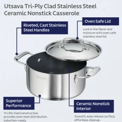 Utsava Tri-Ply Clad Covered Casserole with Ceramic Interior