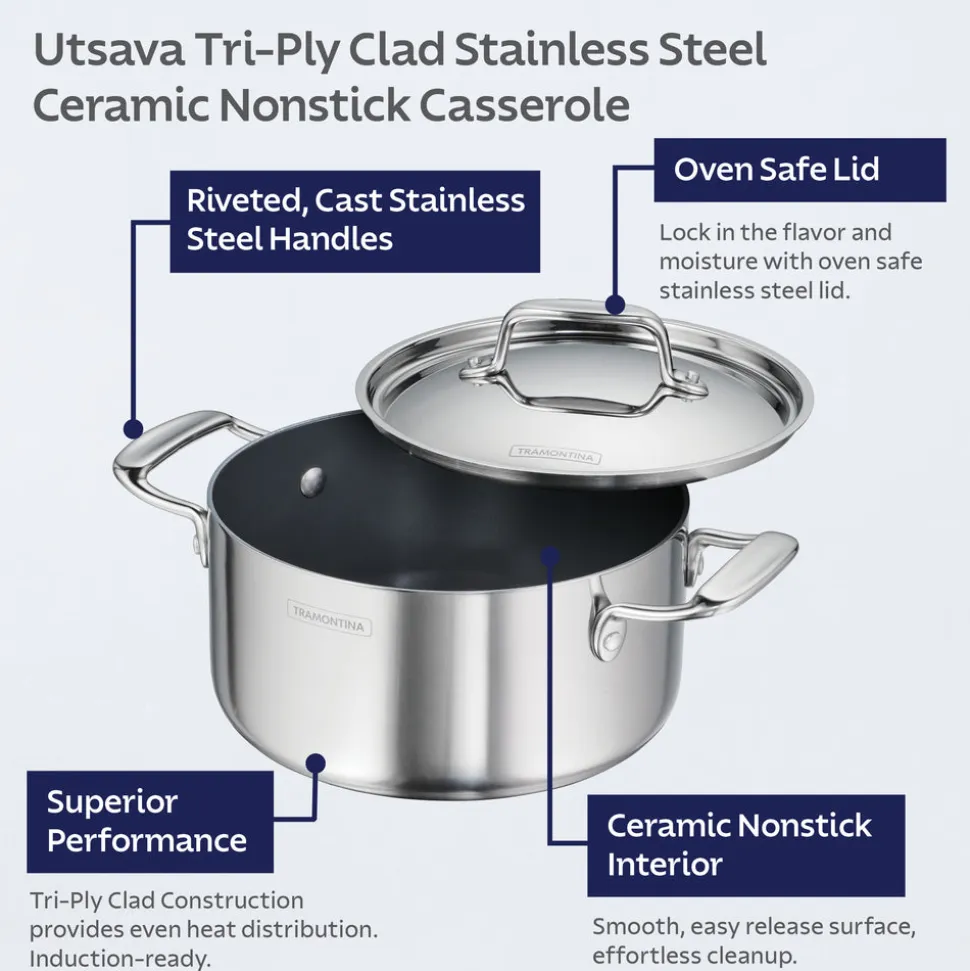 Utsava Tri-Ply Clad Covered Casserole with Ceramic Interior