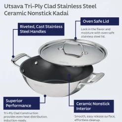 Utsava Tri-Ply Clad Covered Kadai with Ceramic Interior