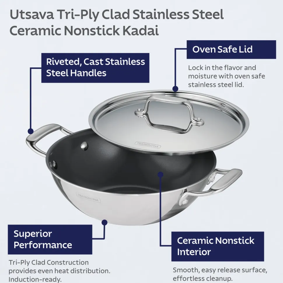 Utsava Tri-Ply Clad Covered Kadai with Ceramic Interior