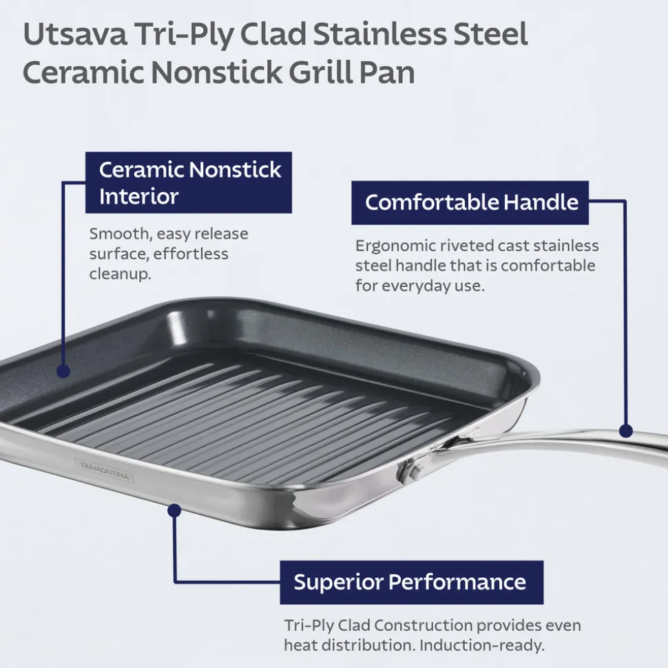Utsava Tri-Ply Clad 10-Inch Grill Pan with Ceramic Interior