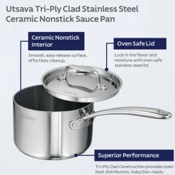 Utsava Tri-Ply Clad 2.2 Qt Covered Saucepan with Ceramic Interior