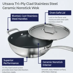 Utsava Tri-Ply Clad 3.75 Qt Covered Wok with Ceramic Interior