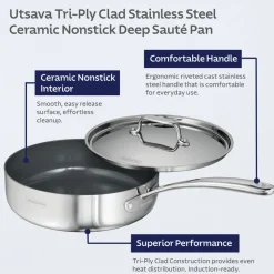 Utsava Tri-Ply Clad 2.9 Qt Covered Deep Sauté Pan with Ceramic Interior